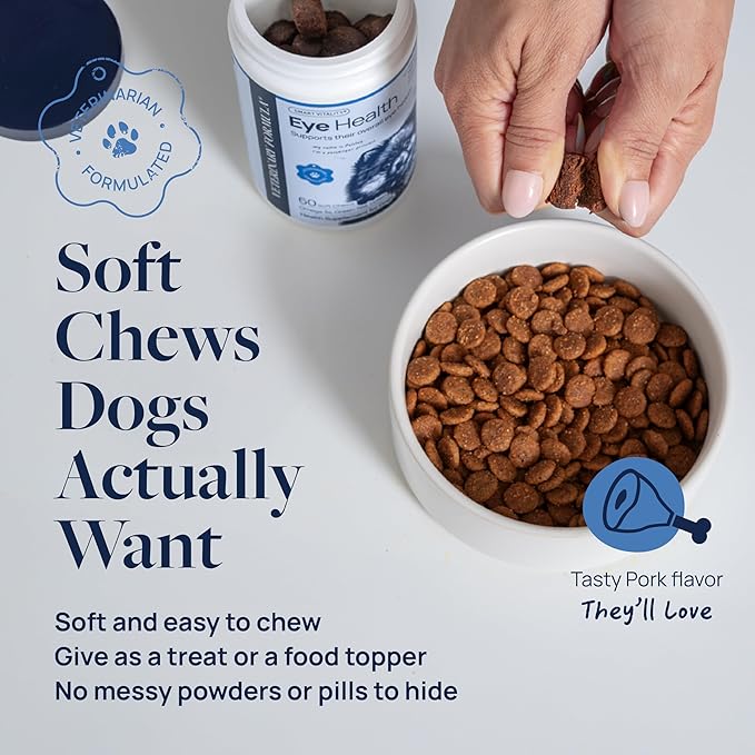 Veterinary Formula Eye Health Supplement for Dogs  Vet-Formulated Tear Stain Chews with Omega 3, Lutein & Cranberry  Smart Vitality Supports Eye Moisture, Stain Reduction & Immunity, 60 Soft Chews