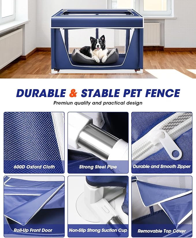 Dog Playpen 42 _ 42 Inch,Breathable Puppy PlayPen with Gate and Removable Cover,Thickened Oxford Fabric Dog Play Pen for Indoor & Outdoor,Safe and Sturdy Pet Fence(Blue White)