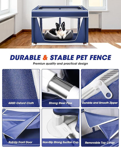 Dog Playpen 42 _ 42 Inch,Breathable Puppy PlayPen with Gate and Removable Cover,Thickened Oxford Fabric Dog Play Pen for Indoor & Outdoor,Safe and Sturdy Pet Fence(Blue White)
