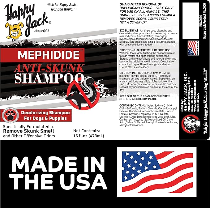 HAPPY JACK Mephidide Anti Skunk Shampoo for Dogs, Cats, Pets  Hypoallergenic Skunk Odor Remover for Dogs  Deodorizing Dog Shampoo (16oz)