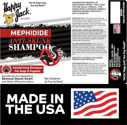 HAPPY JACK Mephidide Anti Skunk Shampoo for Dogs, Cats, Pets  Hypoallergenic Skunk Odor Remover for Dogs  Deodorizing Dog Shampoo (16oz)