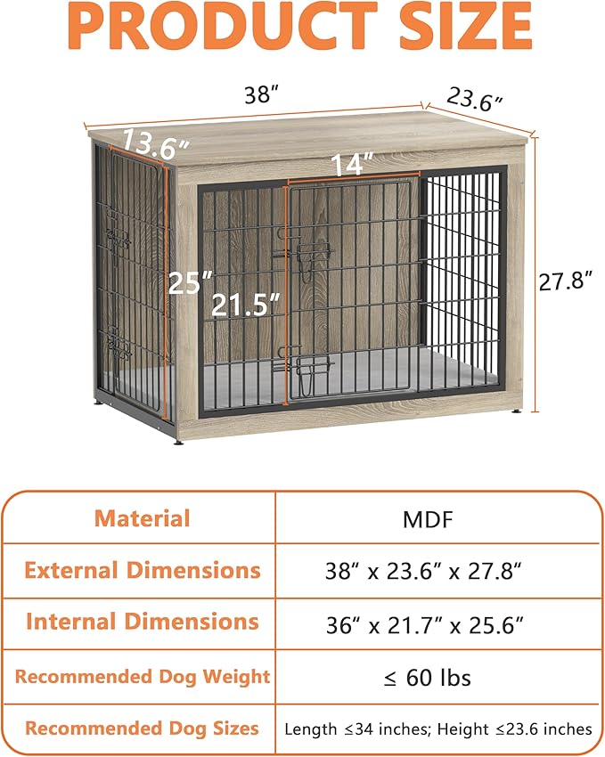 Piskyet Dog Crate Furniture with Cushion,Heavy-Duty Reinforced Metal Mesh,38" Wooden Dog Crate End Table with Double Doors,Indoor Dog Kennel,Dog Cage Side Table for Large Breed,Grey