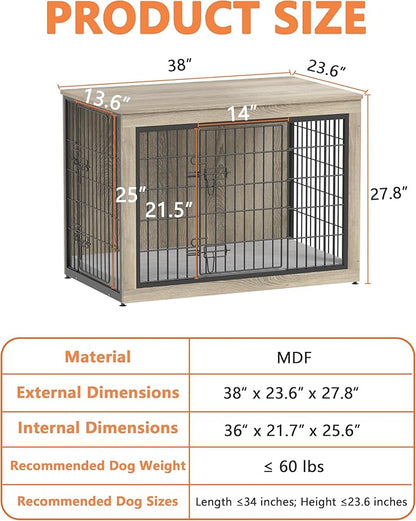 Piskyet Dog Crate Furniture with Cushion,Heavy-Duty Reinforced Metal Mesh,38" Wooden Dog Crate End Table with Double Doors,Indoor Dog Kennel,Dog Cage Side Table for Large Breed,Grey