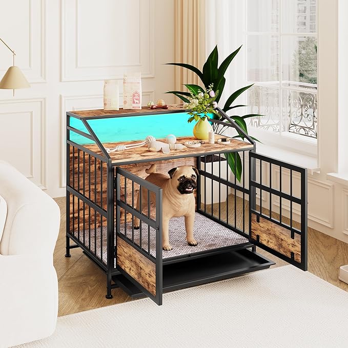 31.5 Inch Dog Crate Furniture with LED Lights and Shelf for Small Medium Dogs, Wooden Heavy Duty Dog Kennel with Double Doors and Removable Tray,Decorative Pet House Dog Cage End Table Coffee Tables