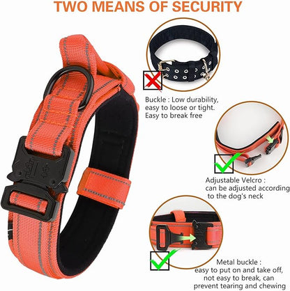 KCUCOP Tactical Dog Collar, Heavy Duty Dog Collar with Handle and Metal Buckle, Military Thick Dog Collars for Medium and Large Dogs(Orange-M-Reflective, 1 Patch)