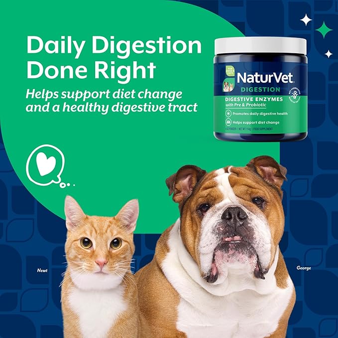 NaturVet  Digestive Enzymes for Dogs - Plus Probiotics & Prebiotics | Helps Support Diet Change & A Healthy Digestive Tract | for Dogs & Cats | 4 oz Powder