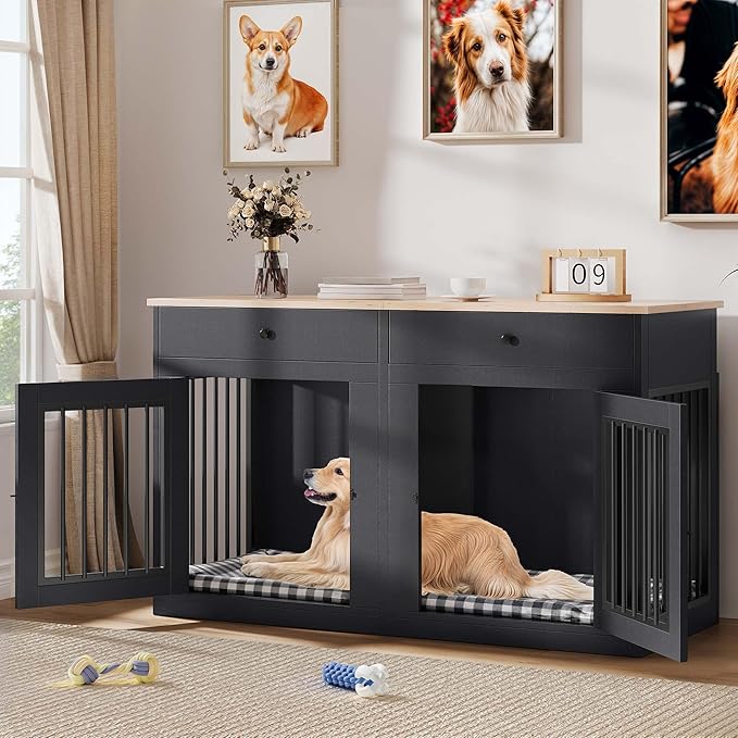 YITAHOME 60" Wooden Dog Crate Furniture with Removable Divider & Storage Drawers, Double Door Kennel with Locks for Medium and Large Dogs, Multi-Functional Dog Crate End Table for Indoor use, Black