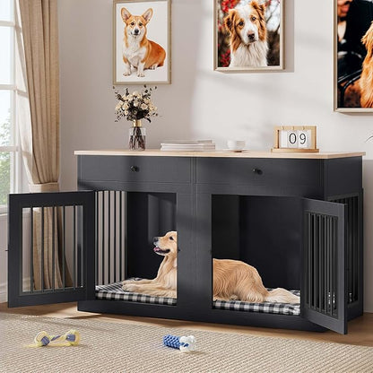 YITAHOME 60" Wooden Dog Crate Furniture with Removable Divider & Storage Drawers, Double Door Kennel with Locks for Medium and Large Dogs, Multi-Functional Dog Crate End Table for Indoor use, Black