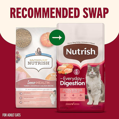 Nutrish Everyday Digestion Dry Cat Food, Chicken Brown Rice and Salmon Recipe with Peas and Carrots, 3 lb. Bag, 4 Count, (Rachael Ray)