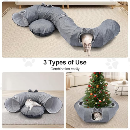 Odoland Summer Linen Cat Tunnels for Indoor Cats with Cooling Central Cat Bed, Interactive Cat Toys Detachable Soft Mat and Variety Kitty Toy Set Grey