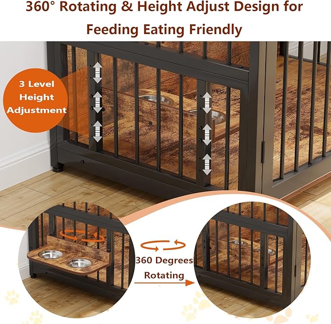 41 Inch Large Dog Crate Furniture for Large Dogs, Heavy Duty Kennel with 2 Drawers Storage, 360° Adjustable Raised Feeder, Wooden Dog Cage Indoor House End Table for Dogs