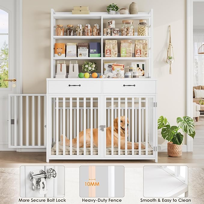 Keyluv 71''H x 47.2''W Large Dog Crate Furniture with 4-Tier Shelves and 2 Storage Drawers, Heavy Duty Dog Cage Furniture with 2 Doors, Wood & Metal Dog Kennel Indoor for Small/Medium/Large Dog, White