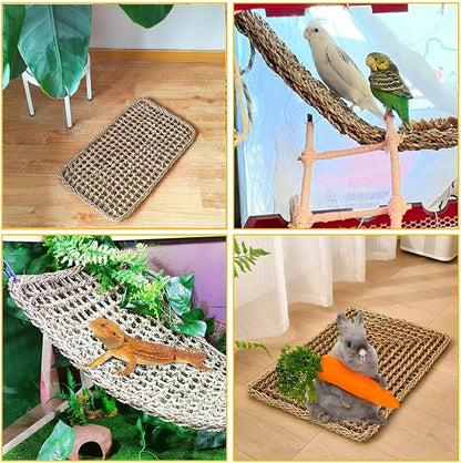 Large Bird Seagrass Mat 24 × 14 ''Natural Seagrass Woven Bird Net Hammock Climbing Rope Ladder with Hooks Chew Toy for Parrot Guinea Pig Lovebird Cockatiel Pigeon