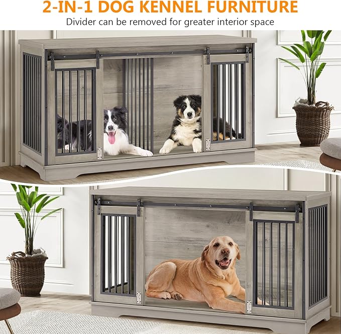60.6 Inch Double Dog Crate Furniture, 2-in-1 Dog Kennel Furniture with 2 Sliding Doors and Thick Iron, Wooden Large Dog Crate with Divider for 2 Dogs