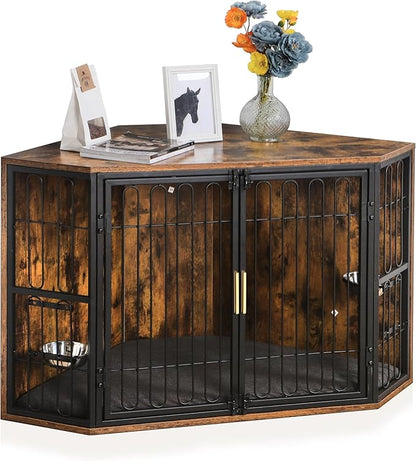 VECELO Corner Dog Crate Furniture, 43.3" Indoor Dog Kennel Indoor with Cushion & 2 Removable Trays, Wooden Dog Cage Decorative Pet House End Table for Large/Medium Dogs,Brown