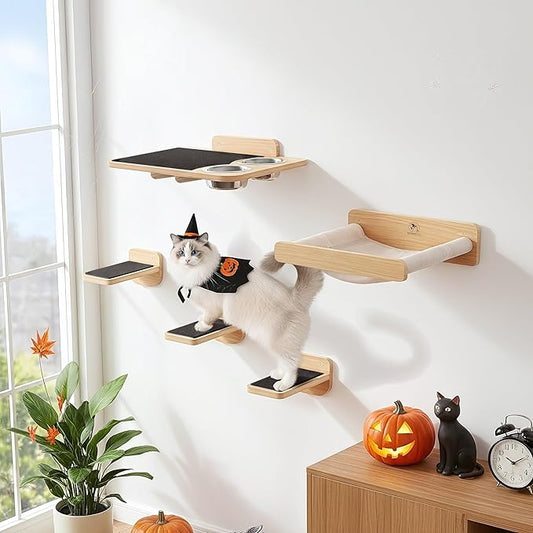 Space-Saving Cat Wall Shelves – Interactive Cat Wall Climber with Hammock & Dog Proof Feeding Station for All Indoor Breeds – Solid Natural Wood with Gray Carpet