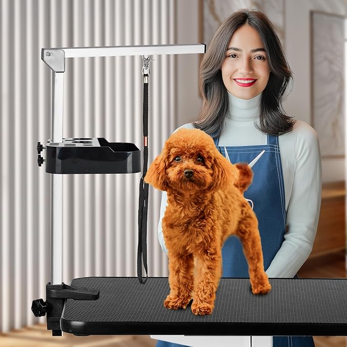 31" Dog Grooming Table, Pneumatic Lift Adjustable Small Pet Trimming Station for Home with Anti-Skid Rubber and Rotatable Desktop ï¼_p to 50lbsï¼