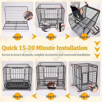 Dog Crates for Medium Dogs 37 inch, Heavy Duty 10-Gauge Steel Dog Kennel Indoor Escape Proof, Wire Cage for High Anxiety or Arthritic Dogs Comfortable with Lockable Wheels, Bottom Tray Easy to Clean