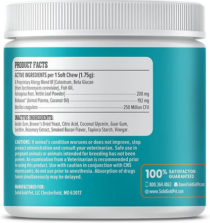 Solid Gold Dog Allergy Relief Chews - Dog Itching Skin Relief & Seasonal Allergies Support - Alaskan Salmon Oil for Dogs Skin, Coat & Immune Support - Bacon Flavor Soft Allergy Chews for Dogs -120ct