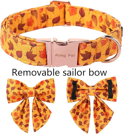 ARING PET Fall Dog Collar-Cotton Maple Leaves Dog Collar with Bowtie, Adjustable Autumn Leaves Dog Collars Pet Necklace with Metal Buckle for Girl&Boy Dogs