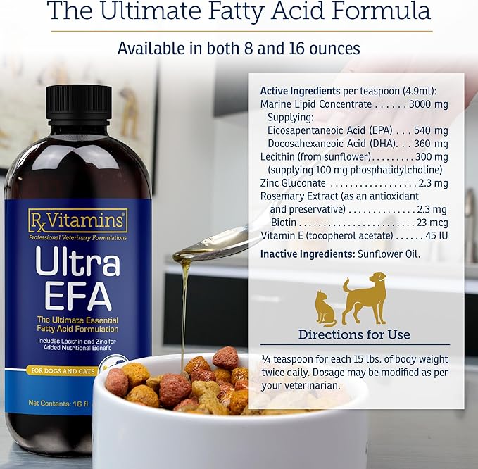 Rx Vitamins Ultra EFA Omega 3 Fish Oil for Dogs & Cats - Promotes Heart, Brain, and Joint Health with Vitamin E, Biotin, and Zinc - Liquid Fish Oil for Itch Relief & Dog Shedding - 16 oz