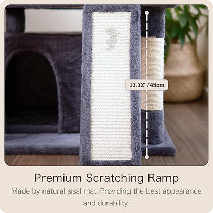 Ouritsu Cat Tree, 35 inch Cat Tower for Large Cat Indoor, 1 Widened Top Perch, 2 Enlarged Condos, Fluffy Basket, Scratching Posts and Ramp, Dark Gray, MF002DG