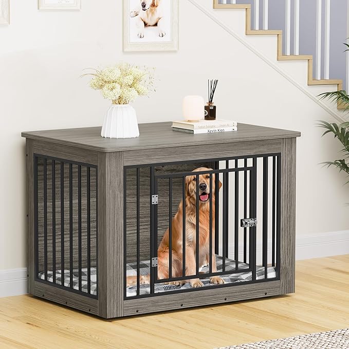 YITAHOME 43.7" L Dog Crate Furniture for Large Dogs, 2-in-1 Iron-Wood Fusion Dog Cage Indoor up to 80 lb, Modern Dogs Kennel Side End Table with Waterproof Top, Safety Corners, Steel Lock, Greige