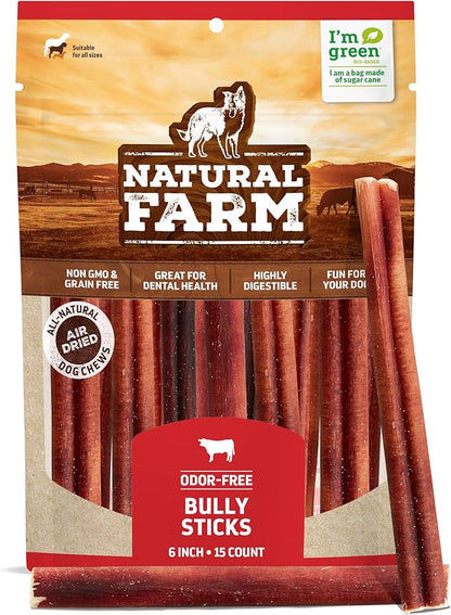 Natural Farm Odor-Free Bully Sticks (6 Inch, 15 Count), Single Ingredient: 100% Beef Chews, Grass-Fed, Non-GMO, Grain-Free, Fully Digestible Treats for Puppies, Small or Senior Dog