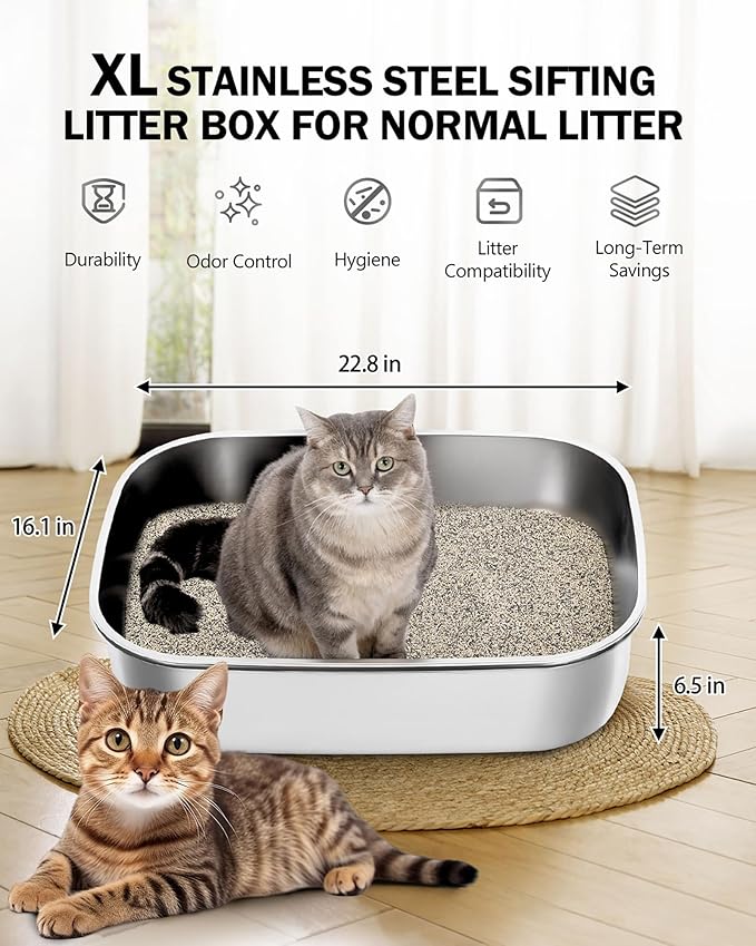 Stainless Steel Sifting Litter Box with Lid, Metal Litter Pan with Scoop for Big Cats Multi Cat, Extra Large Cats Litterbox Odor Control Easy Clean (22.8 * 16.1 * 6.5inch-Without Enclosure, X-Large)