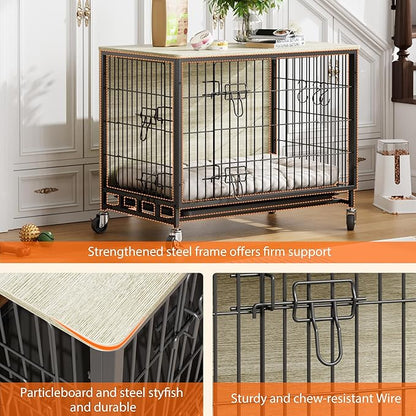 Dog Crate Furniture, 27.2" L Indoor Kennel with Double Doors, Wheels & Removable Tray, Sturdy Dog Cage with Easy Assembly, Rustic Grey