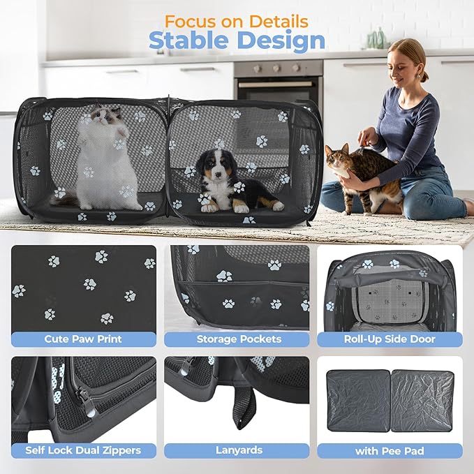 2-in-1 Dog Playpen 46.5''Pop Up Cat Pet Playpen, Assembly-Free Indoor Outdoor Kitten Enclosure, Breathable Cat Cage Portable Puppy Tent Crates Kennel for Small Animals(No Divider, Unified Space)