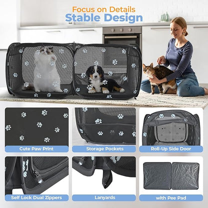 2-in-1 Dog Playpen 46.5''Pop Up Cat Pet Playpen, Assembly-Free Indoor Outdoor Kitten Enclosure, Breathable Cat Cage Portable Puppy Tent Crates Kennel for Small Animals(No Divider, Unified Space)