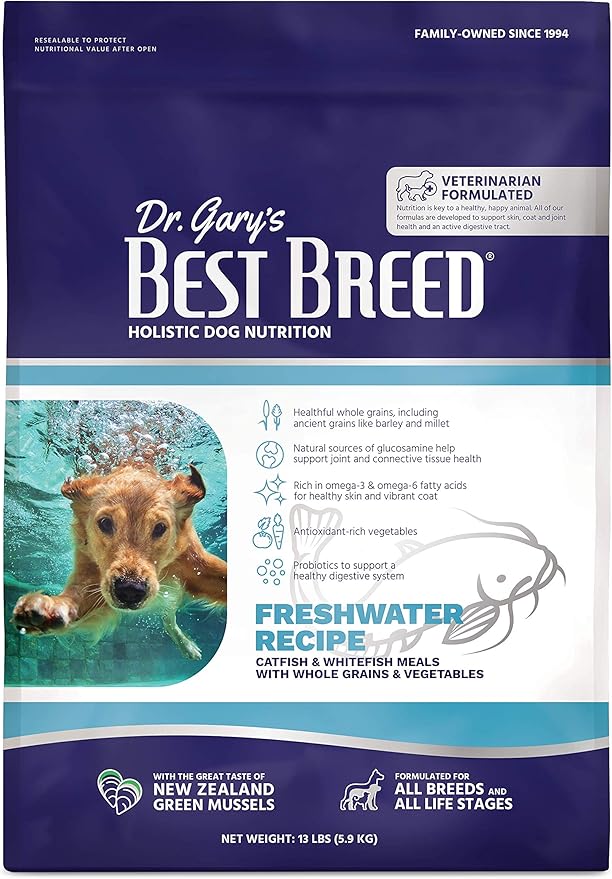 Best Breed Dr. Gary's Freshwater Recipe Made in USA [Natural Dry Dog Food for All Breeds and Sizes] - 13lbs,Dark Brown,7-22301-88148-4
