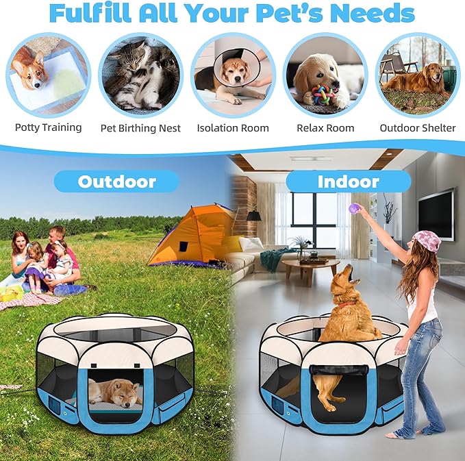 45" Foldable Pet Playpen for Large Dogs, HOMAGICO Pet Playpen for Indoor Cats Enclosed, Portable Dog Playpen Outdoor Tent Crate with Carrying Case, Water-Resistant and Removable Shade Cover, Blue
