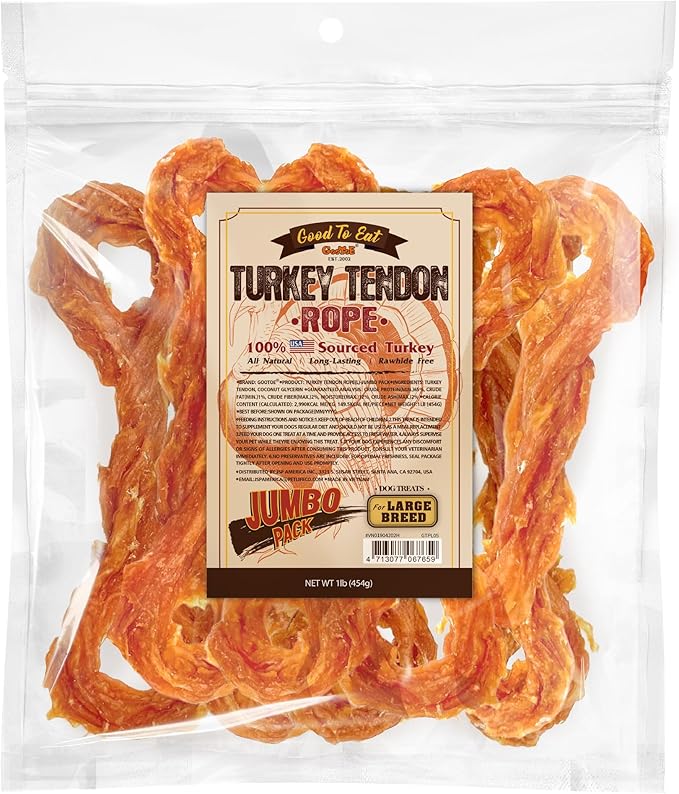 Gootoe Turkey Tendon Dog Treats, Rope (L) 1 lb, 100% USA Sourced Turkey, Natural Snack, Premium Puppy Chews, Hypoallergenic, Rawhide Free, Reseal Value Bag, Sizes for Large Dogs