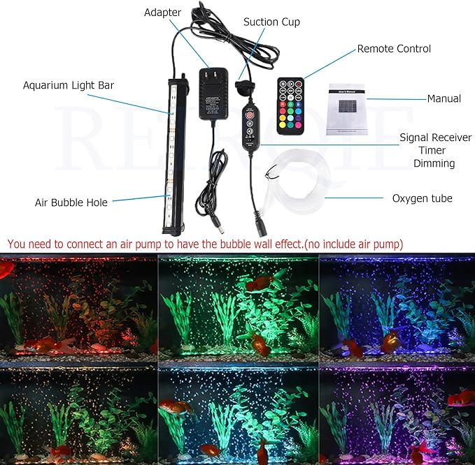 Submersible Aquarium Light,LED Aquarium Air Bubble Light,RGB Color Changing Brightness Adjustable Timing Waterproof Remote Control Fish Tank Light Bar,Aquarium Light Bubbler Wall,22.8inch