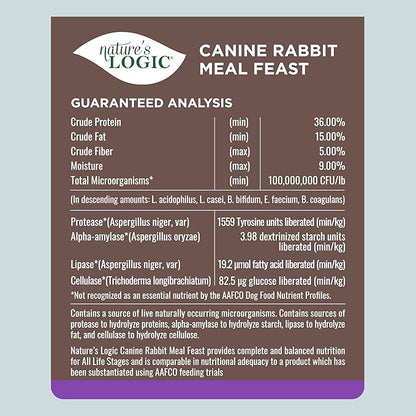 NATURE'S LOGIC Dry Dog Food - 100% Natural - No Synthetics - for All Ages, Sizes, Breeds - Free from Common Allergens, High Protein - Rabbit Meal Feast, 25lbs