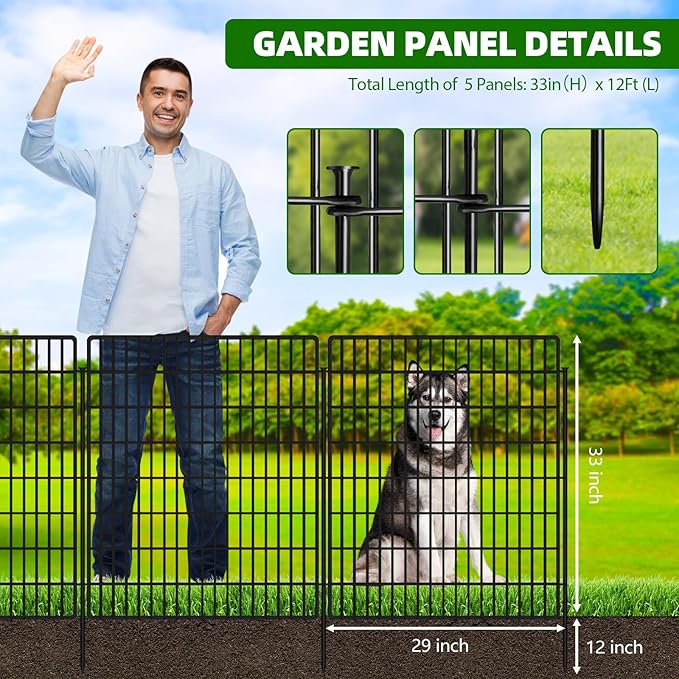 5 Panels Dog Fence Outdoor for Yard, 33 in(H) X 12 ft(L) Decorative Garden Fence Rustproof No Dig Animal Barrier Fencing Metal Wire Panel Border Patio Rabbits Ground Stakes Fencing