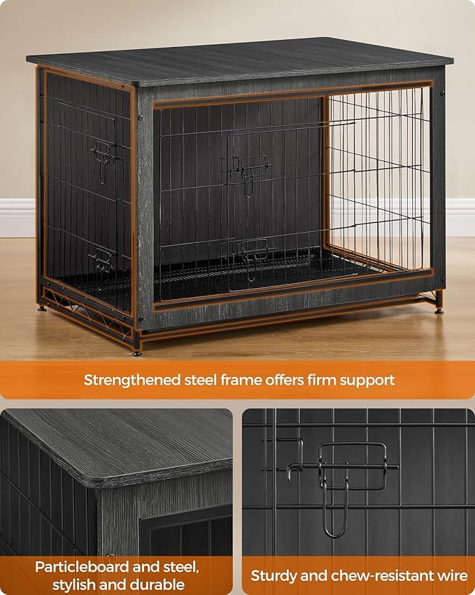 Feandrea Dog Crate Furniture, 38.6" Side End Table, Modern Kennel for Dogs Indoor up to 70 lb, Heavy-Duty Dog Cage with Multi-Purpose Removable Tray, Double-Door Dog House, Ink Black UPFC003B01