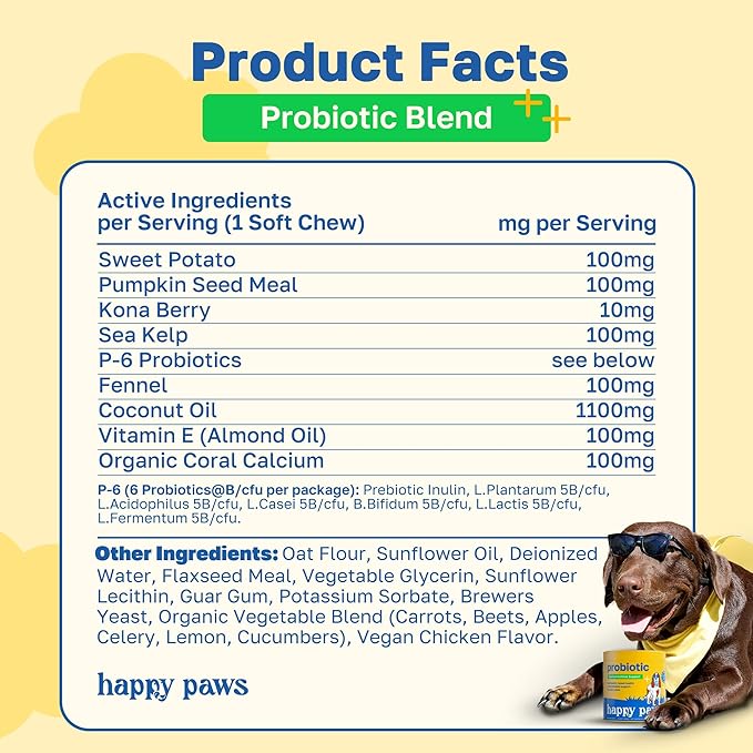 Happy Paws Probiotic Supplement for Dogs, Gut, Skin, Coat & Immune Support for All Breeds & Ages, Made with Coconut Oil & Vitamin E, Vegan Chicken Flavor, Organic, Non GMO, 100 Soft Chews