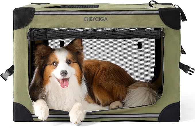 EHEYCIGA Collapsible Dog Crate 30 Inches, Portable Travel Crate for Medium Dogs, Soft Foldable Pet Kennel with 4-Door Mesh Windows Indoor & Outdoor, Green