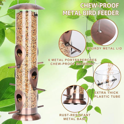 FEED GARDEN Metal Bird Feeders for Outdoors Hanging, 6-Port Tube BirdFeeders for Outside, Finch Feeders for Outside, Brushed Copper Finishing, Bird Feeder with Heavy Duty Metal Lid, Chew-Proof 1 Pack
