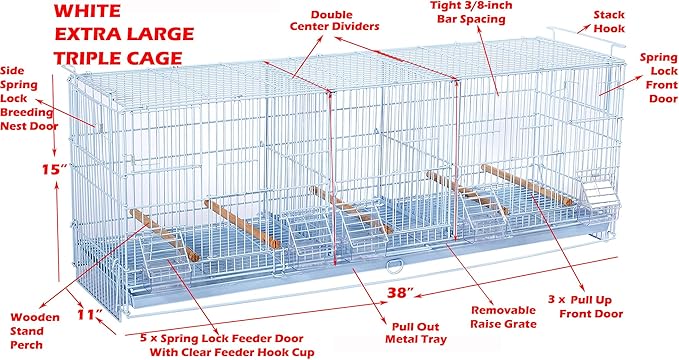 LOT of 2 Extra Large 38"x11"x15"H Stackable Breeder Bird Flight Triple Cage with Removable Double Center Divider and Breeding Nest Box Doors