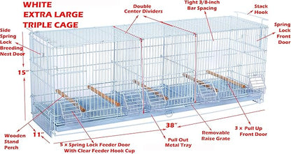 LOT of 2 Extra Large 38"x11"x15"H Stackable Breeder Bird Flight Triple Cage with Removable Double Center Divider and Breeding Nest Box Doors