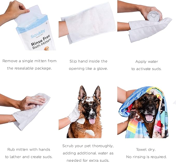 No Rinse Pet Wipes, Rinse Free Shampoo Mittens for Dogs and Cats, Bath Wipes for Bathing and Washing Pets, Hypoallergenic No Rinse Wash Mitt for Grooming, Lather Wipe Dry - 10 Pack