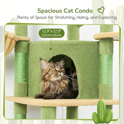 Globlazer Cactus Corner Cat Tree Tower with Scratching Post for Indoor Cats, 51in Multi-Level Cat Condo Tower with Large Hammock, Fan-Shaped Padded Perch, Spacious Cat Cave, Hanging Basket, C51, Green