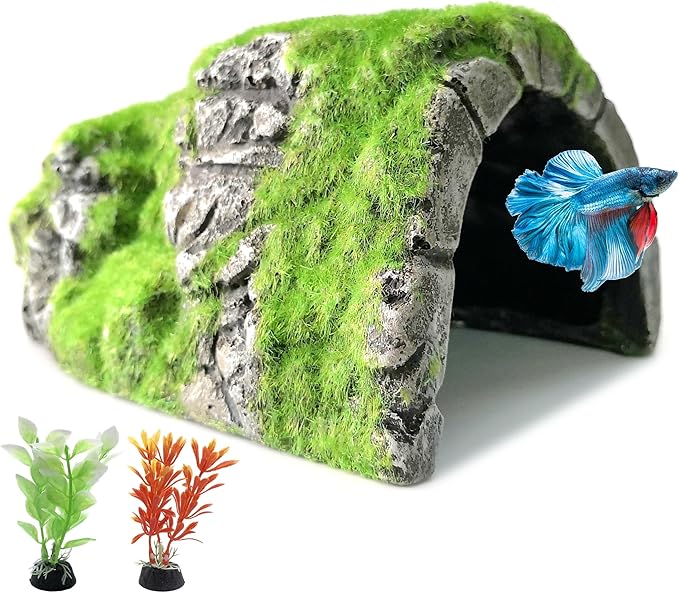 M2cbridge Aquarium Decorations Fish Hideout House Betta Cave with Green Lifelike Moss (Betta Rock Cave)