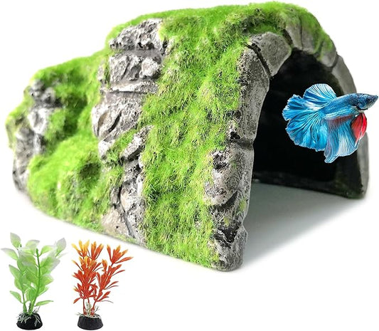 M2cbridge Aquarium Decorations Fish Hideout House Betta Cave with Green Lifelike Moss (Betta Rock Cave)
