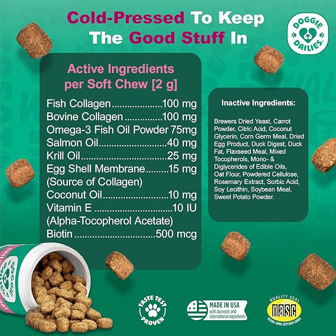 Doggie Dailies Skin & Coat Supplement Support, Salmon Oil for Dogs Skin and Coat with Collagen, Omega 3, Krill Oil, Biotin, & Coconut Oil for Dogs (Duck) 225 Soft Chews