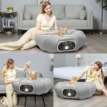 AUOON Cat Play Tunnel - Round Cat Tunnel with Bed | Interactive Cat Toys for Indoor Cats Kitten Kitty Puppy Rabbit Ferret (Light Grey)